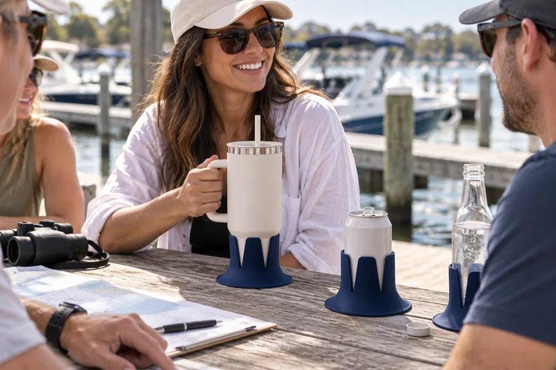 Adult at marina rental briefing picnic table water within reach docked rental boats in background. AI lifestyle illustration.