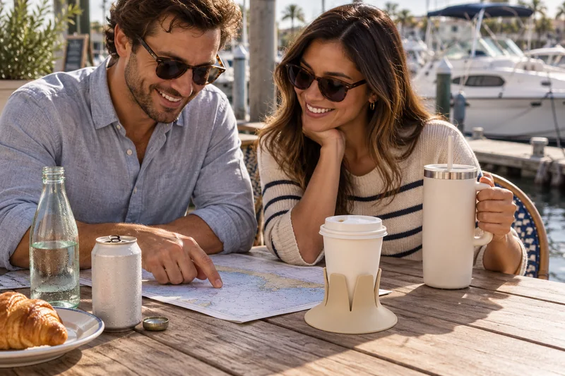 Couple planning day at marina cafe table coffee near chart moored rental boat behind. AI lifestyle illustration.